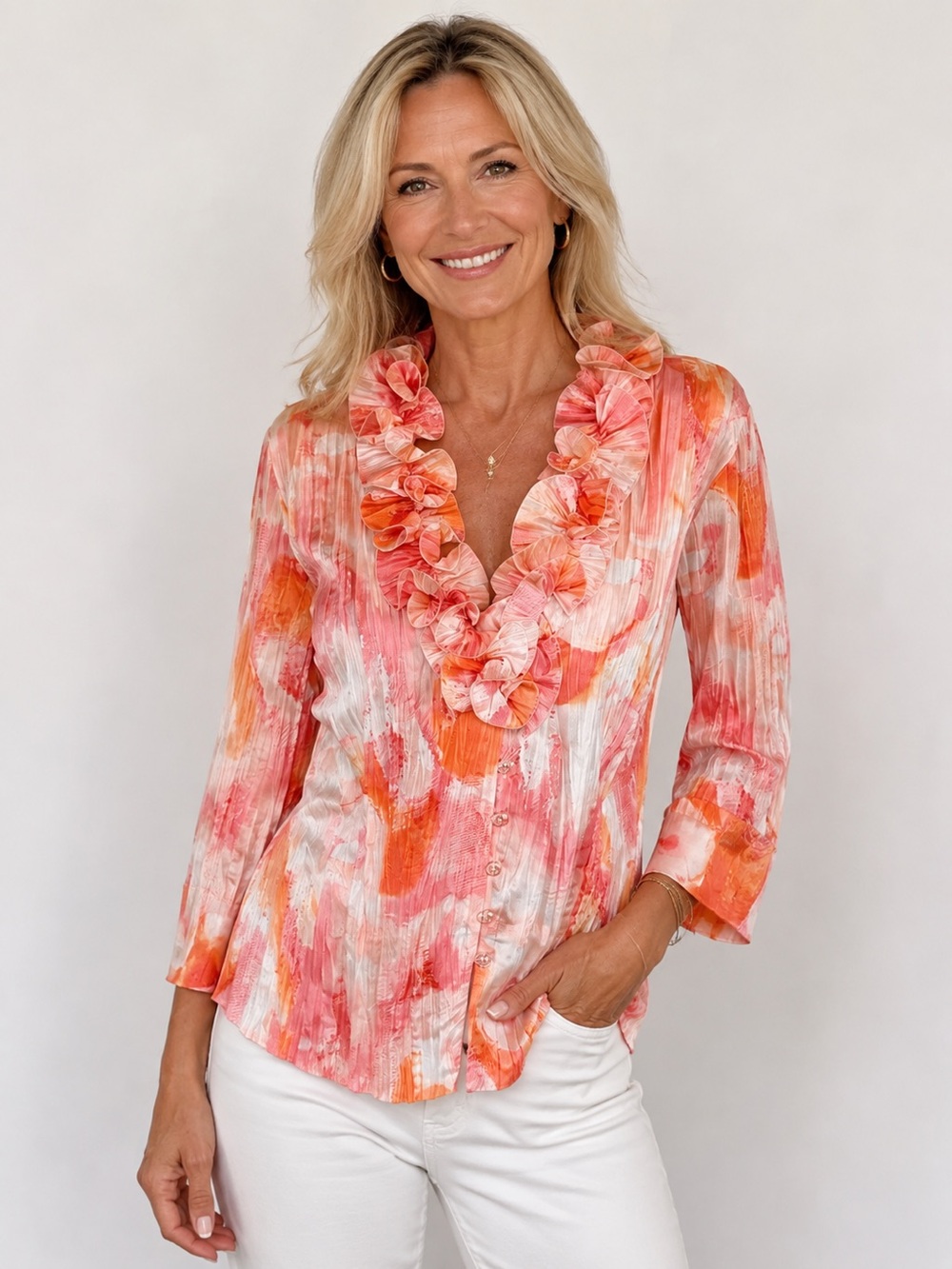 Harve Benard Watercolor Ruffle Blouse Crinkle Pleated Coral‎ Orange XL NWT
